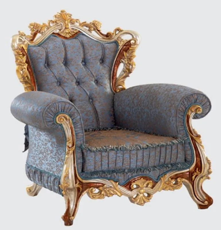 Garantierte Lieferung Casa Padrino luxury baroque armchair blue / copper / silver / brown / gold 110 x 90 x H. 120 cm - Magnificent living room armchair with elegant pattern - Baroque Furniture