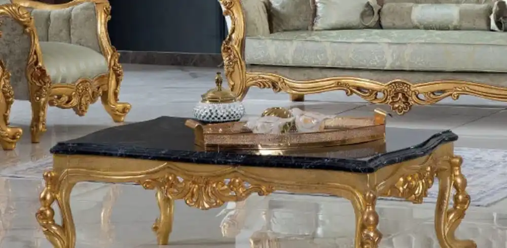 Casa Padrino luxury baroque coffee table black / gold 120 x 85 x H. 50 cm - Magnificent solid wood living room table with table top in marble look - Baroque Furniture Direktkauf