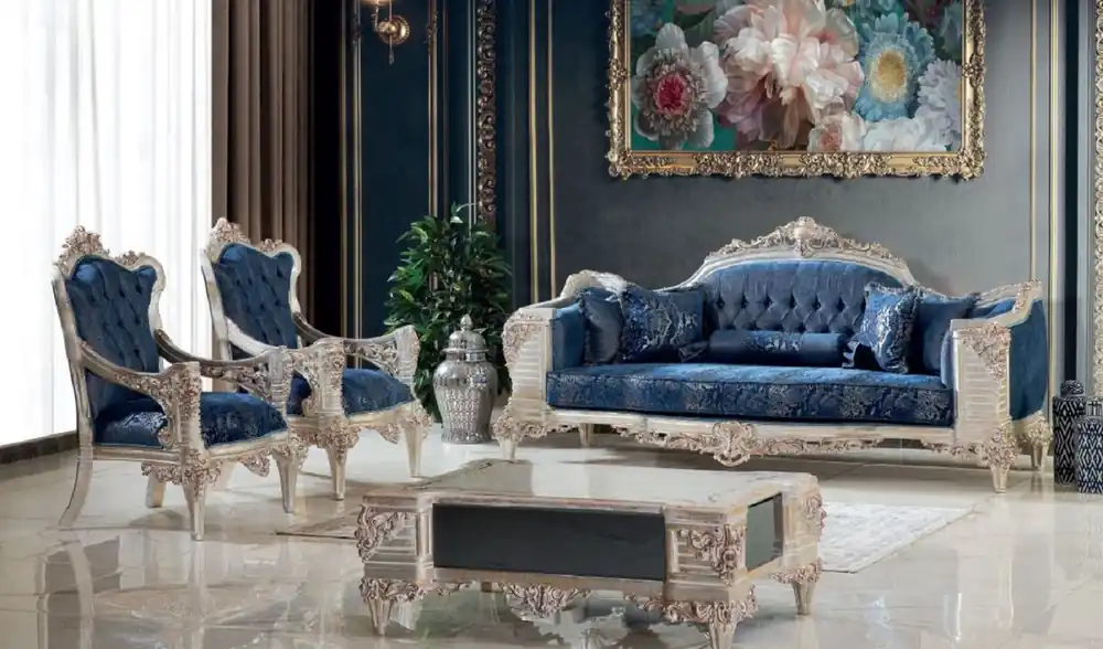 Casa Padrino luxury baroque living room set blue / cream / copper / gold - 2 Sofas & 2 Armchairs & 1 Coffee Table - Handcrafted living room furniture in baroque style - Noble & Magnificent Letzte Chance
