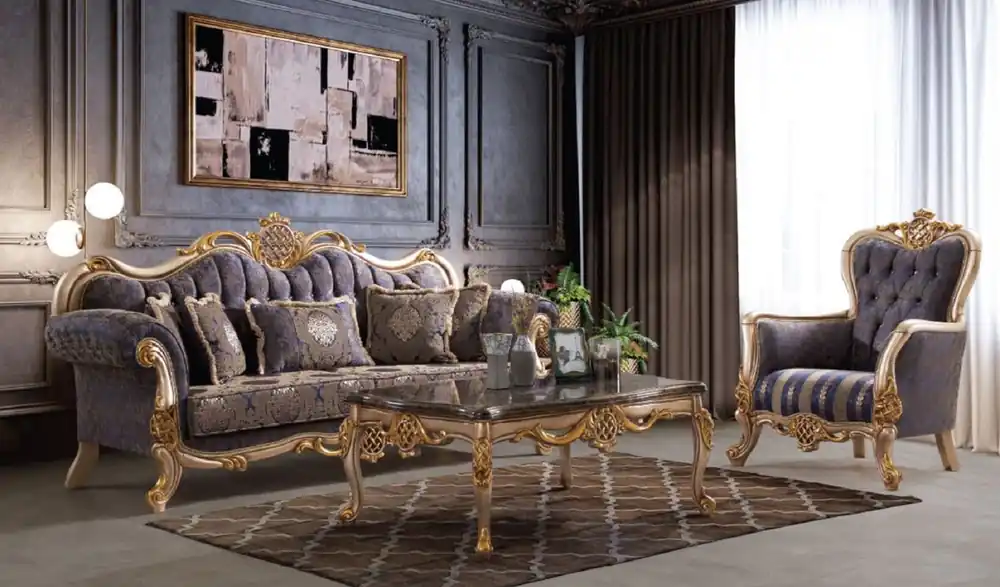 Preisknaller Casa Padrino luxury baroque living room set blue / silver / gold - 2 Sofas & 2 Armchairs & 1 Coffee Table - Handcrafted living room furniture in baroque style - Noble & Magnificent