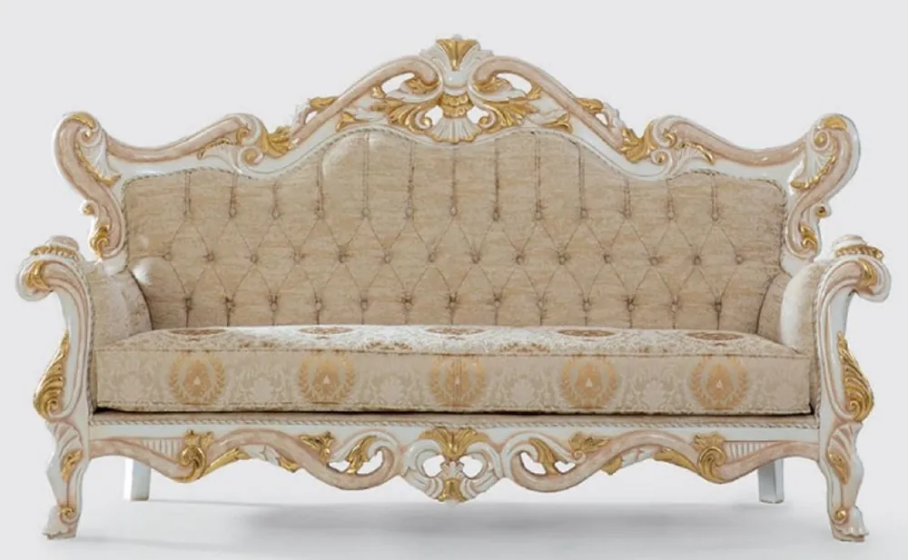 Wochenendangebot Casa Padrino luxury baroque sofa beige / white / gold 225 x 90 x H. 128 cm - Handmade living room sofa with elegant pattern - Baroque living room furniture - Noble & Magnificent