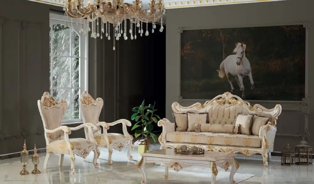 Begrenztes Angebot Casa Padrino Luxury Baroque Living Room Set Beige / White / Gold - 2 Sofas & 2 Armchairs & 1 Coffee Table - Handmade Living Room Furniture in Baroque Style - Noble & Magnificent