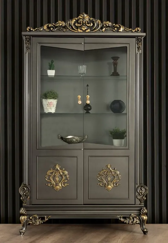 Markenprodukt Casa Padrino luxury baroque living room display cabinet gray / gold 130 x 55 x H. 210 cm - Magnificent baroque showcase with 2 glass doors - Noble Baroque Furniture
