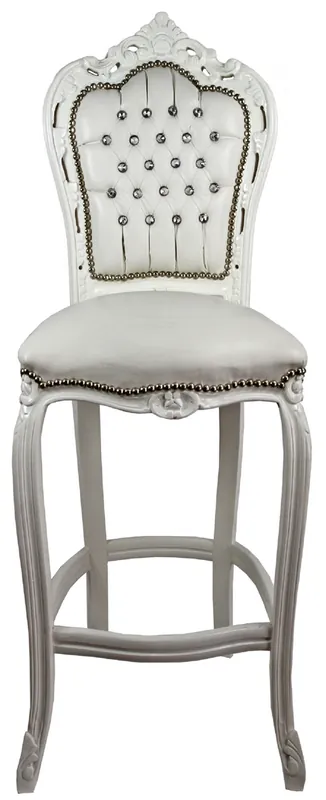 Versand Am Gleichen Tag Casa Padrino baroque bar chair with faux leather and rhinestones cream / white 60 x 55 x H. 146 cm - Handmade Highchair - Bar Stool - Baroque Bar Furniture