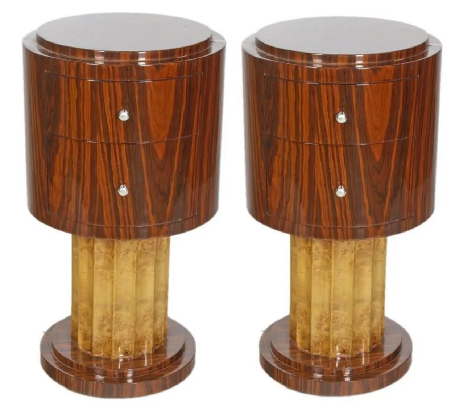 Ausverkauf Casa Padrino Art Deco Side Table Set Brown / Light Brown Ø 40 x H. 75 cm - Round Mahogany & Root Wood Side Tables with 2 Drawers - Luxury Quality