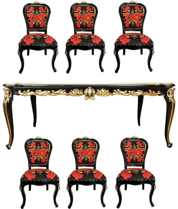 Zertifiziert Pompöös by Casa Padrino Luxury Baroque Dining Room Set - Pompöös Baroque Dining Table with Glass Top and 6 Chairs Designed by Harald Glööckler - Baroque Dining Room Furniture