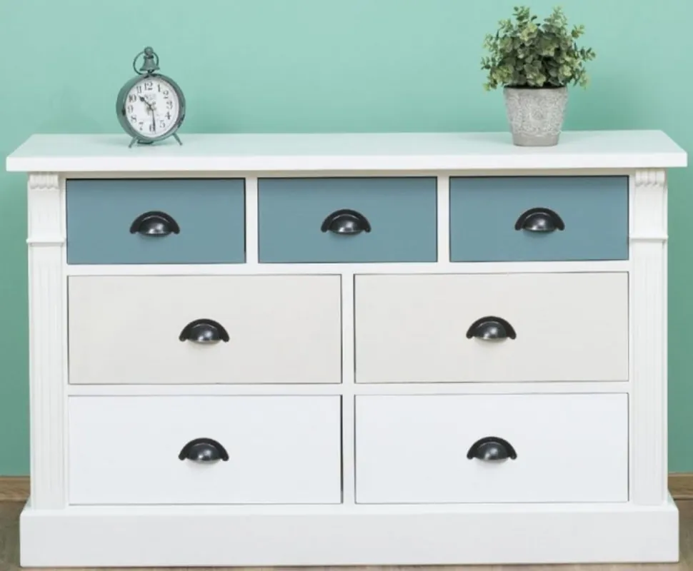 Casa Padrino country style chest of drawers with 7 drawers white / cream / light blue 122 x 41 x H. 75 cm - Solid Wood Furniture Bestseller