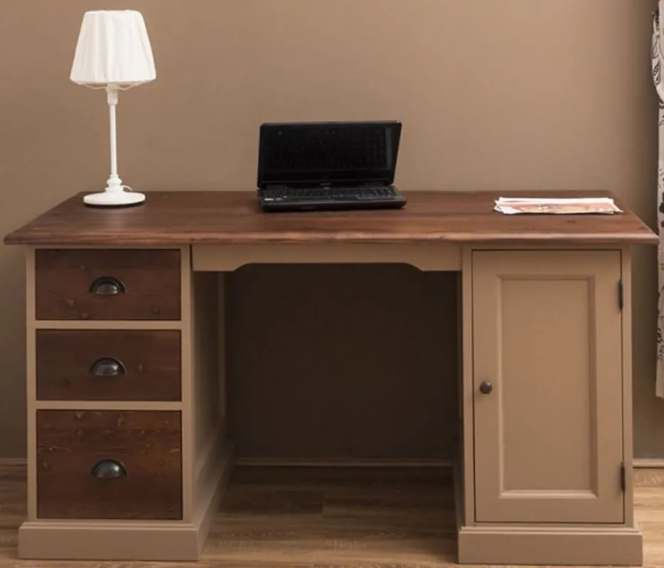 Casa Padrino country style solid wood desk with door and 3 drawers beige / dark brown 152 x 70 x H. 78 cm - Office Furniture in Country Style Sofort Bestellen