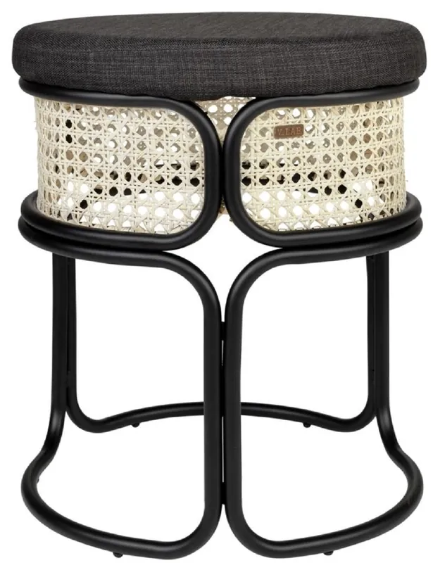 Online Kaufen Casa Padrino designer stool black / natural Ø 40.5 x H. 49 cm - Round upholstered stool with fine rattan weave and powder-coated steel frame