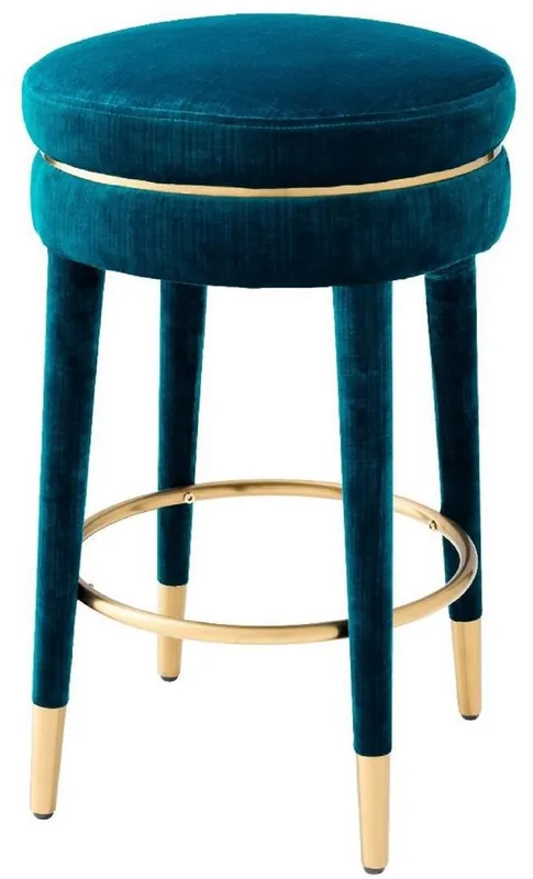 Casa Padrino luxury bar stool blue / brass Ø 41 x H. 68 cm - Round Velvet Stool - Luxury Furniture Heißes Angebot