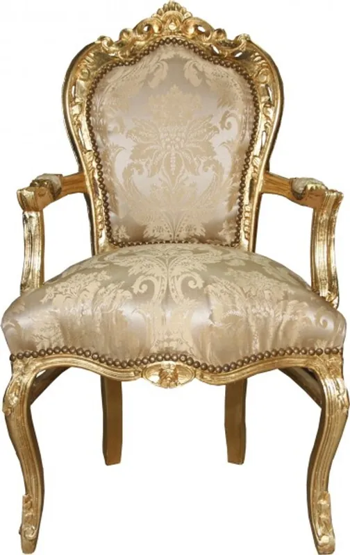 Casa Padrino Baroque Dinner Chair Creme Flower Pattern / Gold with armrest Neu