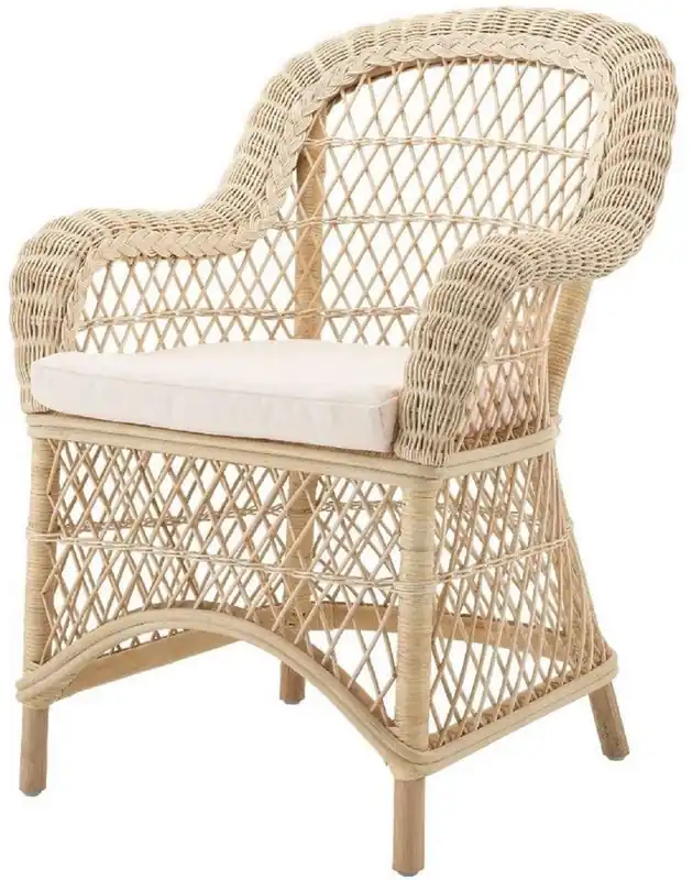 Casa Padrino luxury rattan dining chair with armrests and cushion natural / cream 63 x 68 x H. 88 cm - Dining Room Furniture Geprüft