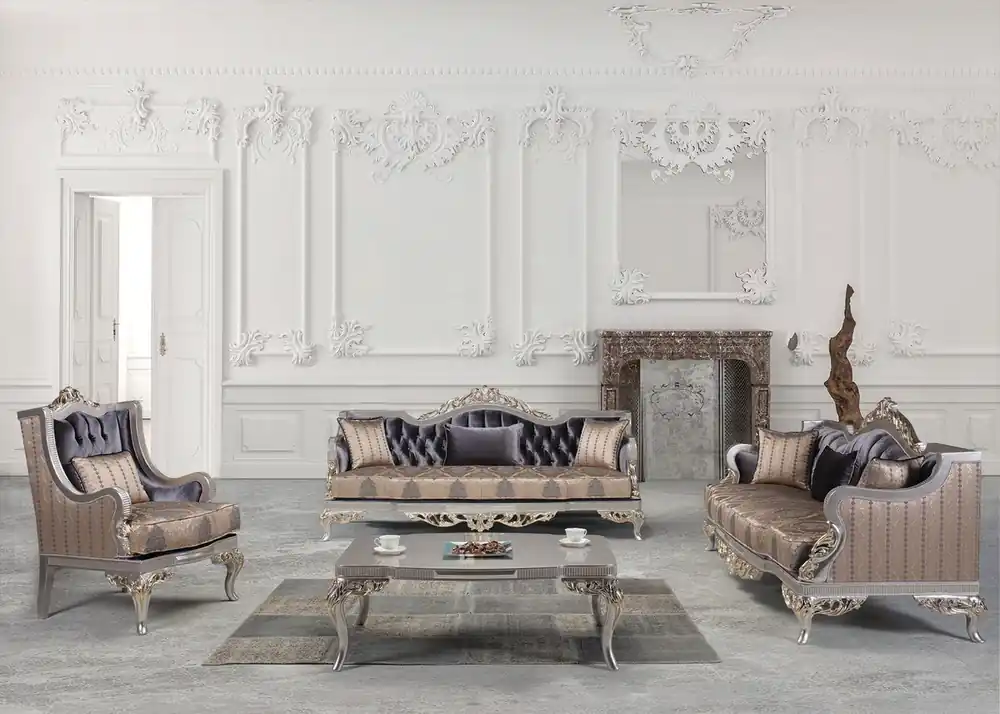 Versand Am Gleichen Tag Casa Padrino luxury baroque living room set purple / beige / silver / gold - 2 Sofas & 2 Armchairs & 1 Coffee Table - Living room furniture in baroque style - Noble & Ornate
