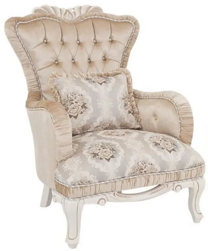 Casa Padrino luxury baroque armchair beige / white 76 x 83 x H. 109 cm - Living room armchair with floral pattern and decorative pillow - Baroque Furniture Garantierte Lieferung