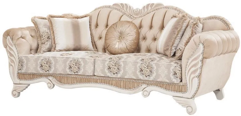 Casa Padrino luxury baroque sofa beige / white 230 x 88 x H. 96 cm - Living room sofa with floral pattern and decorative pillows - Baroque Furniture Aktuell