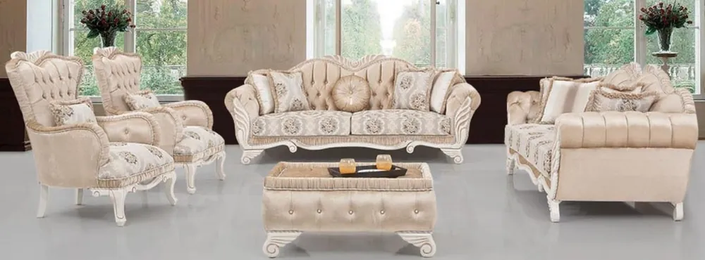 Mega-Angebot Casa Padrino luxury baroque living room set beige / white - 2 Sofas & 2 Armchairs & 1 Stool - Living room furniture in baroque style - Noble & Ornate