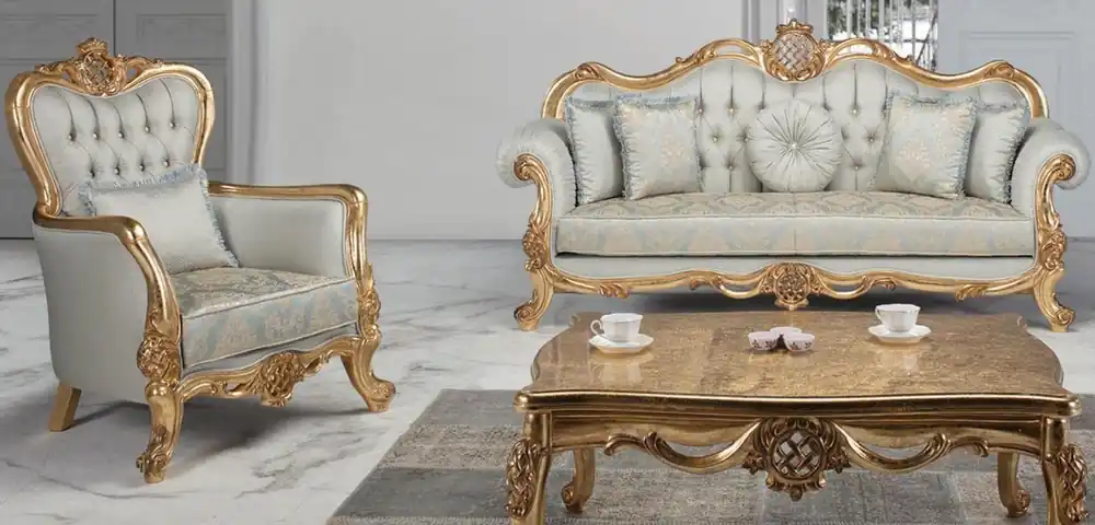Casa Padrino luxury baroque living room set light blue / turquoise / gold - 2 Sofas & 2 Armchairs & 1 Coffee Table - Living room furniture in baroque style - Noble & Ornate Super-Preis