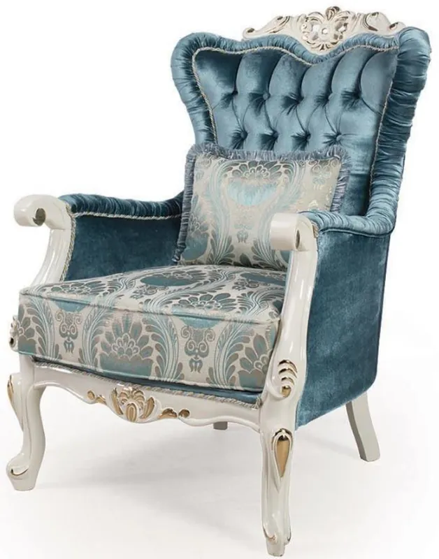 Casa Padrino luxury baroque living room armchair with pillow blue / white / gold 87 x 76 x H. 115 cm - Baroque Furniture - Noble & Ornate Nur Heute