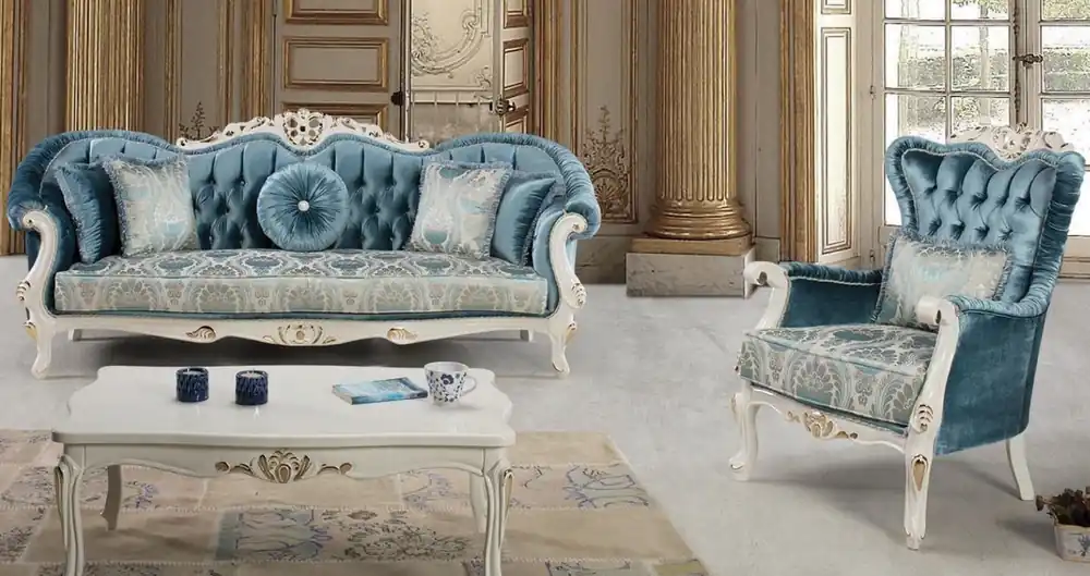 Casa Padrino luxury baroque living room set blue / white / gold - 2 Sofas & 2 Armchairs & 1 Coffee Table - Ornate Living Room Furniture in Baroque Style Begrenztes Angebot