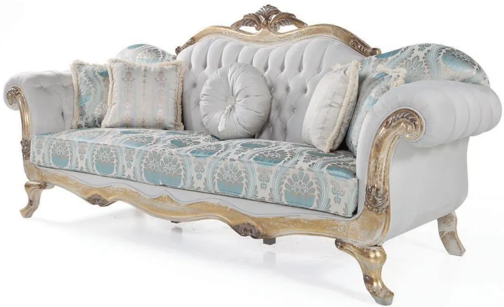 Casa Padrino luxury baroque velvet sofa with cushions gray / turquoise / antique gold 252 x 82 x H. 115 cm - Living Room Furniture in Baroque Style Jetzt Bestellen