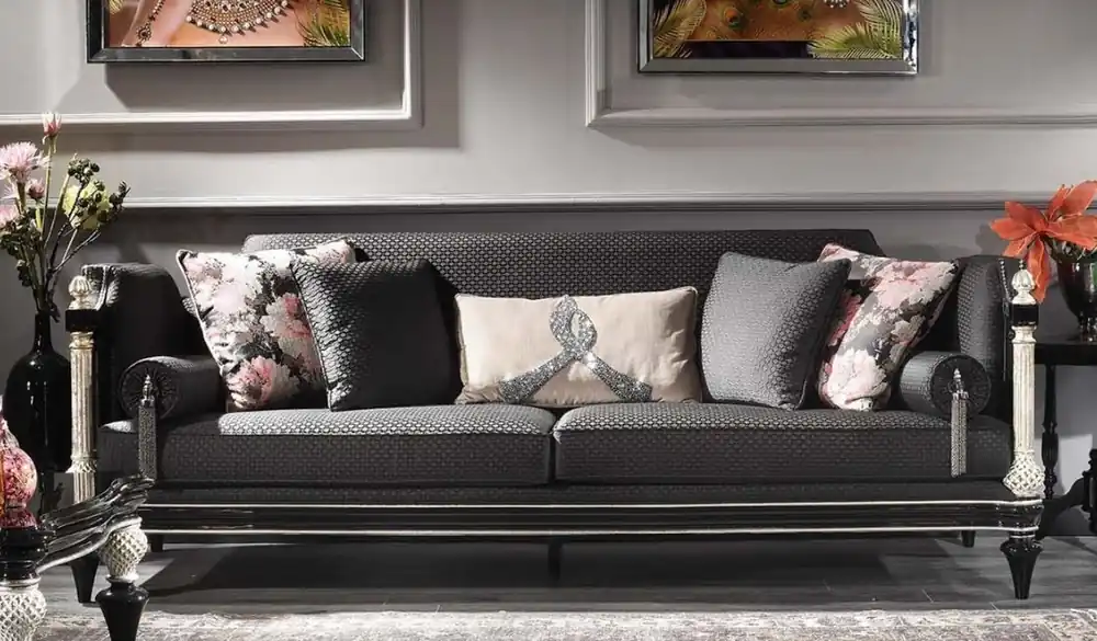 Bestpreis Casa Padrino luxury baroque sofa black / gray / silver / antique gold 250 x 95 x H. 80 cm - Magnificent Living Room Sofa in Baroque Style
