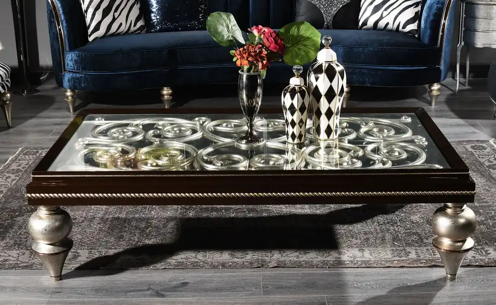 Casa Padrino luxury baroque coffee table dark brown / silver 167 x 92 x H. 48 cm - Ornate solid wood living room table with glass top - Luxury Quality Schnäppchen