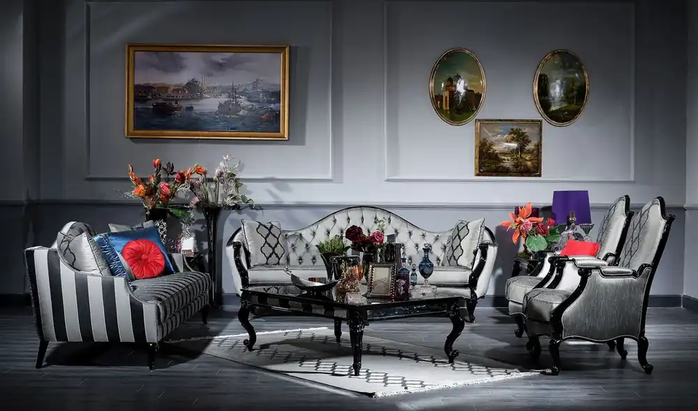 Jetzt Kaufen Casa Padrino luxury baroque living room set silver / black - 2 Sofas & 2 Armchairs & 1 Coffee Table & 2 Side Tables - Living room furniture in baroque style - Noble & Ornate