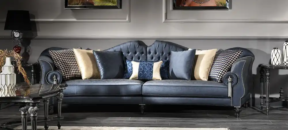 Bestpreis Casa Padrino luxury baroque living room sofa blue / silver / black 300 x 94 x H. 88 cm - Noble & Magnificent