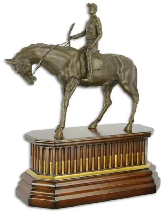 Saisonangebot Casa Padrino luxury bronze sculpture jockey with horse on wooden base bronze / brown / gold 44 x 19.8 x H. 52.4 cm - Bronze Figure - Decorative Figure - Decorative Accessories