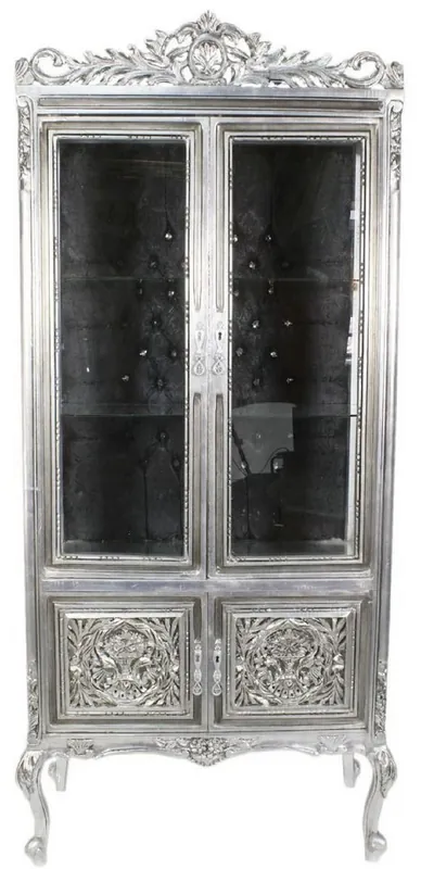 Preisreduziert Casa Padrino baroque display case silver / black 100 x 40 x H. 170 cm - Ornate Baroque Display Cabinet with 2 Glass Doors and Beautiful Decorations and Rhinestones