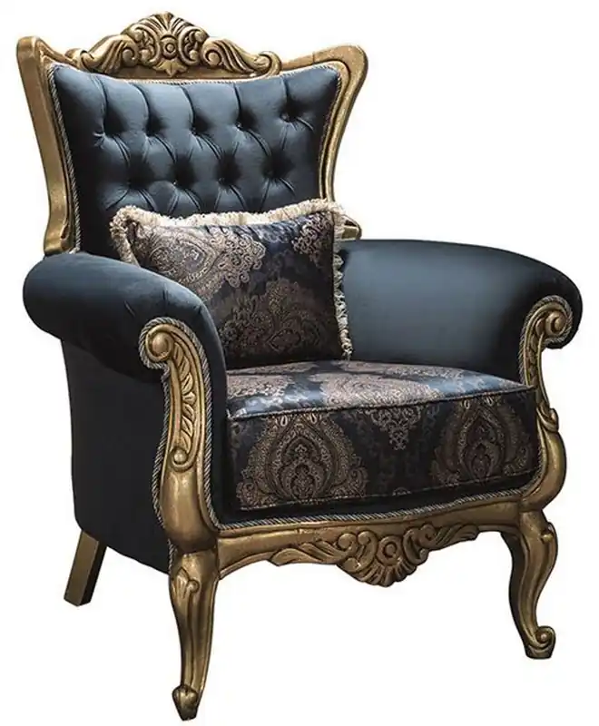 Must-Have Casa Padrino luxury baroque armchair with rhinestones and decorative pillow blue / gold 90 x 85 x H. 110 cm - Baroque Furniture