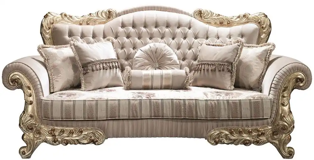 Casa Padrino luxury baroque sofa with rhinestones and decorative pillows beige / gold 230 x 85 x H. 110 cm - Baroque Living Room Furniture Direkt Vom Hersteller