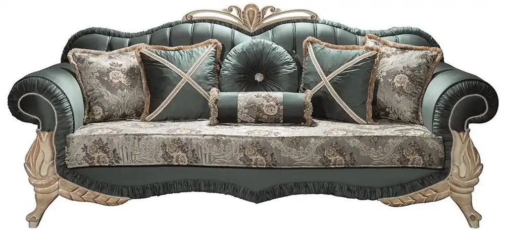 Neue Ware Casa Padrino luxury baroque living room sofa with rhinestones and decorative pillows green / cream / beige 220 x 85 x H. 100 cm - Baroque Style Furniture