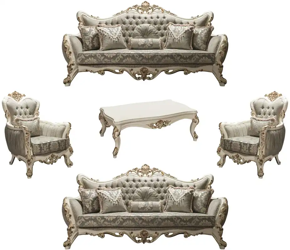Direktkauf Casa Padrino luxury baroque living room set gray / white / gold - 2 Sofas & 2 Armchairs & 1 Coffee Table - Baroque Style Furniture - Noble & Ornate
