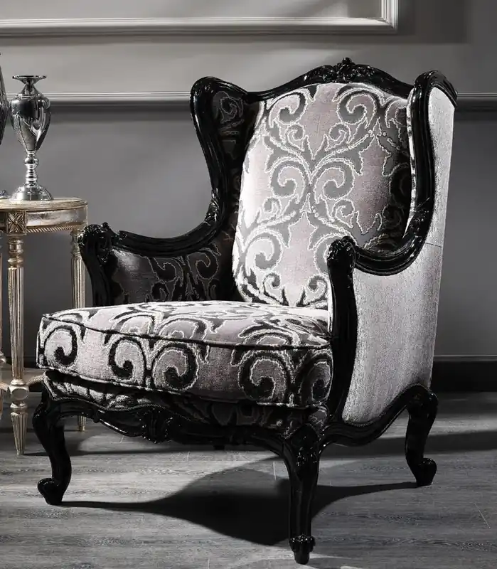Casa Padrino luxury baroque armchair silver / black 77 x 85 x H. 110 cm - Living room armchair with a noble pattern - Baroque Furniture Versand Am Gleichen Tag