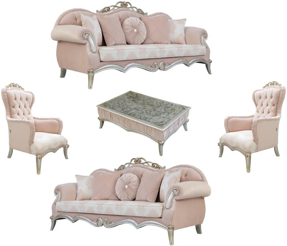 Zertifiziert Casa Padrino luxury baroque living room set pink / silver / gold - 2 Sofas with Pillows & 2 Armchairs & 1 Coffee Table - Living room furniture in baroque style - Noble Baroque Furniture