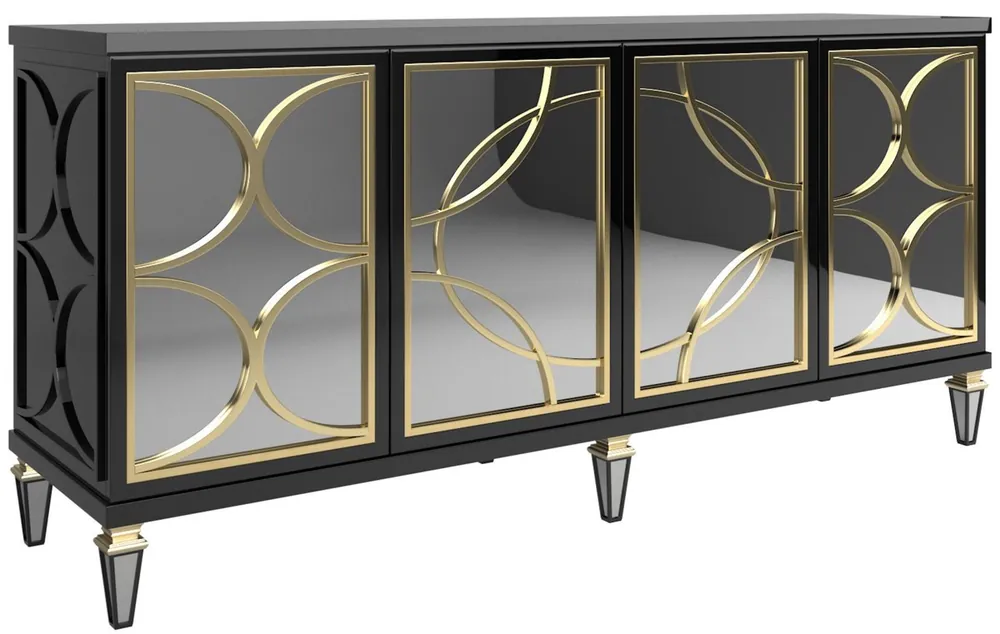 Expressversand Casa Padrino luxury baroque sideboard black / gold 220 x 55 x H. 105 cm - Magnificent cabinet with 4 mirrored doors - Baroque Furniture