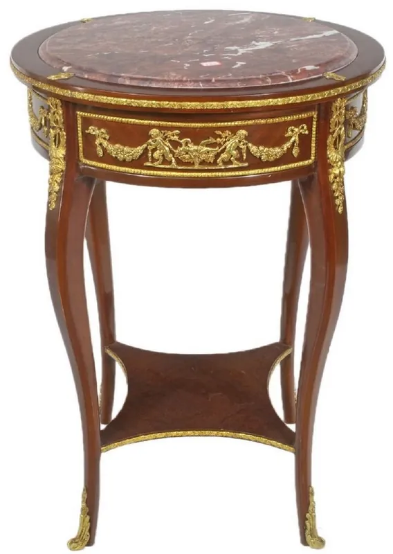 Casa Padrino baroque side table with marble top brown / gold / red Ø 45 x H. 75 cm - Round table in baroque style - Baroque Furniture Abverkauf