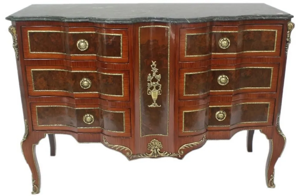 Casa Padrino baroque chest of drawers brown / gold / green 130 x 50 x H. 90 cm - Handmade solid wood chest of drawers with 6 drawers and marble top - Baroque Furniture Bestseller