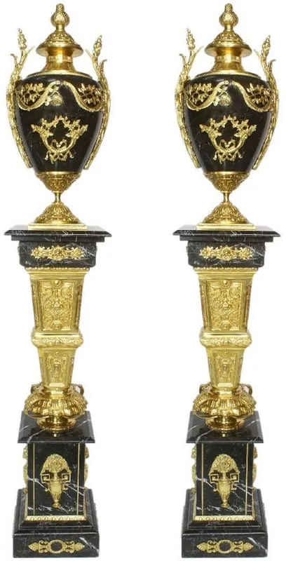 Casa Padrino baroque decorative porcelain vases with marble pillars set black / gold 30 x 30 x H. 180 cm - Noble & Sumptuous Neu