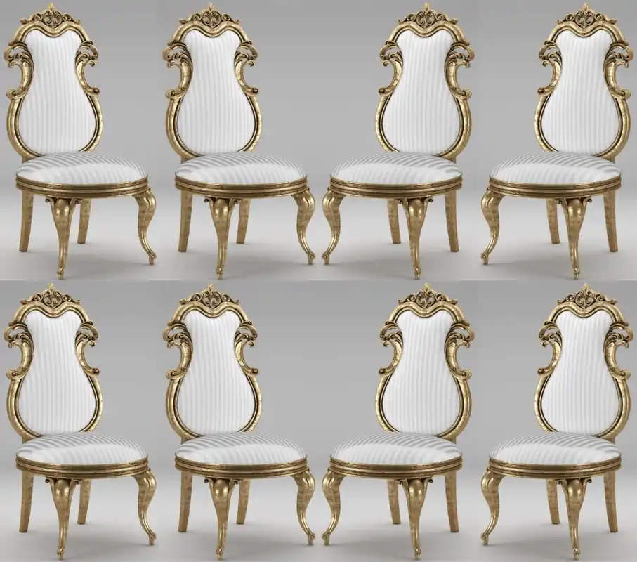 Casa Padrino luxury baroque dining chair set white / silver / antique gold 55 x 55 x H. 120 cm - Magnificent striped kitchen chairs - Baroque chairs set of 8 - Dining Room Furniture Mega-Angebot