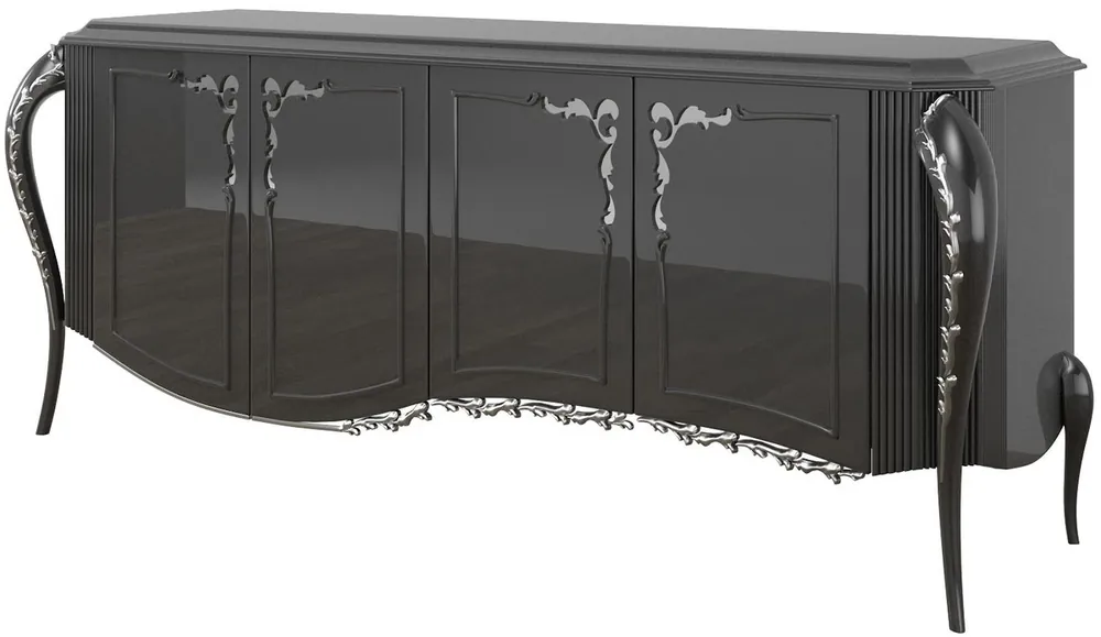 Casa Padrino luxury baroque sideboard black / silver 218 x 56 x H. 94 cm - Noble living room cabinet with 4 doors - Baroque Furniture Ausverkauf