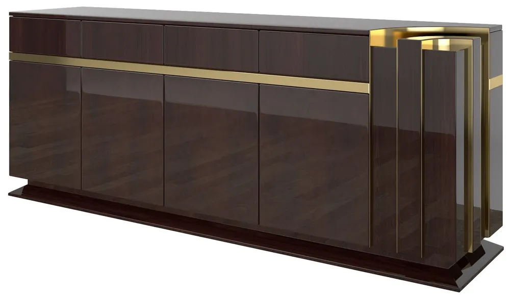 Casa Padrino designer sideboard dark brown high gloss / gold 220 x 50 x H. 85 cm - Noble cabinet with 4 doors and 4 drawers - Luxury living room furniture Nur Für Kurze Zeit