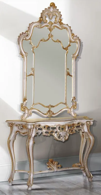 Casa Padrino luxury baroque mirror console white / antique gold 125 x 41 x H. 232 cm - Magnificent console table with wall mirror - Baroque Furniture Solange Der Vorrat Reicht