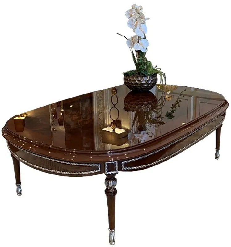 Casa Padrino luxury baroque coffee table brown / silver 144 x 92 x H. 45 cm - Oval solid wood living room table - Noble baroque living room furniture Bestpreis