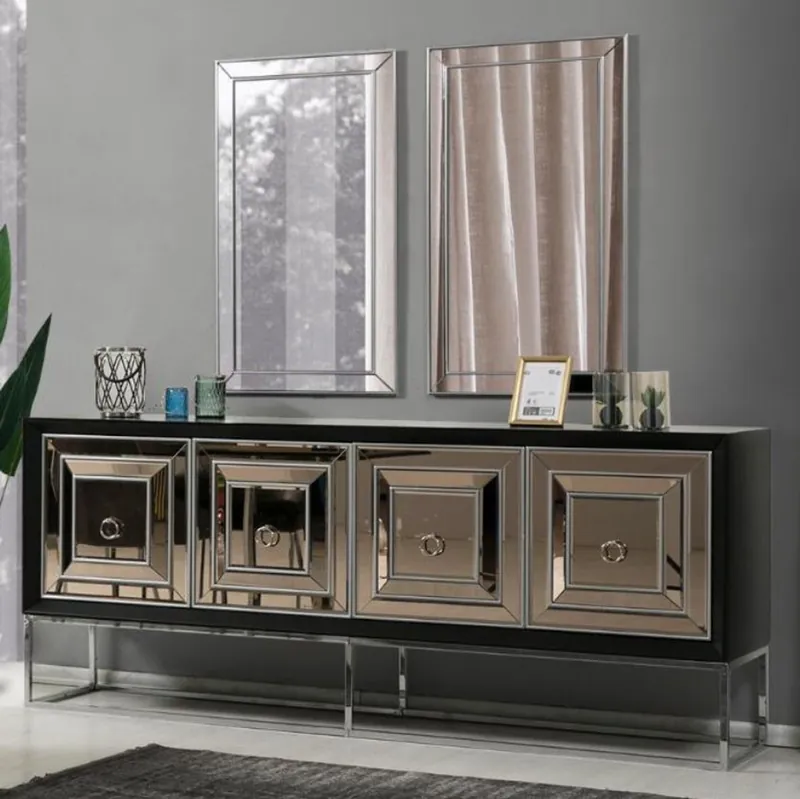 Casa Padrino luxury sideboard with 4 mirrored doors black / silver 208 x 49 x H. 88 cm - Luxury living room furniture Rabatt