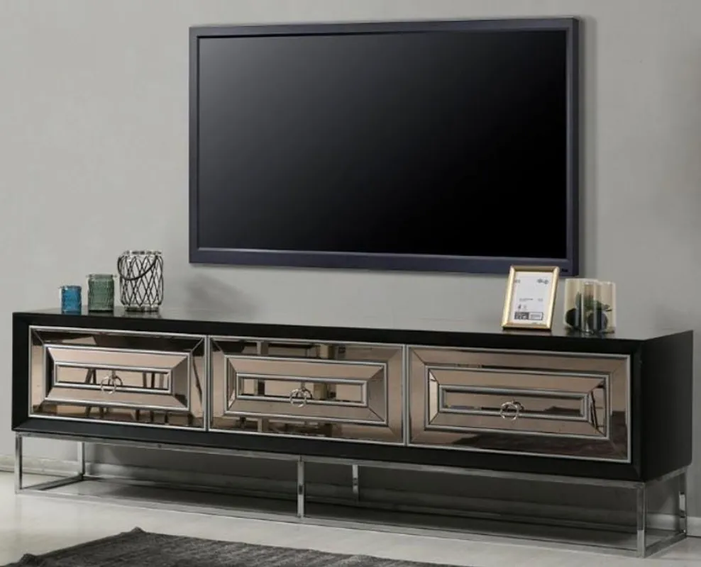 Geprüft Casa Padrino luxury TV cabinet with 3 mirrored drawers black / silver 220 x 49 x H. 64 cm - Living room furniture - Luxury Quality