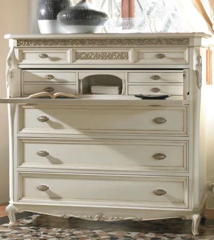 Heißes Angebot Casa Padrino luxury baroque writing chest of drawers with 9 drawers antique white / silver 130 x 57 x H. 127 cm - Luxury Quality - Noble Baroque Furniture