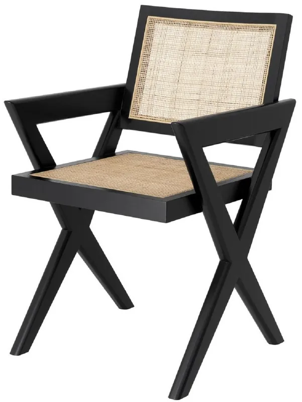 Nur Heute Casa Padrino luxury dining chair black / natural 53 x 57 x H. 84.5 cm - Solid wood chair with armrests and hand-woven rattan - Luxury dining room furniture