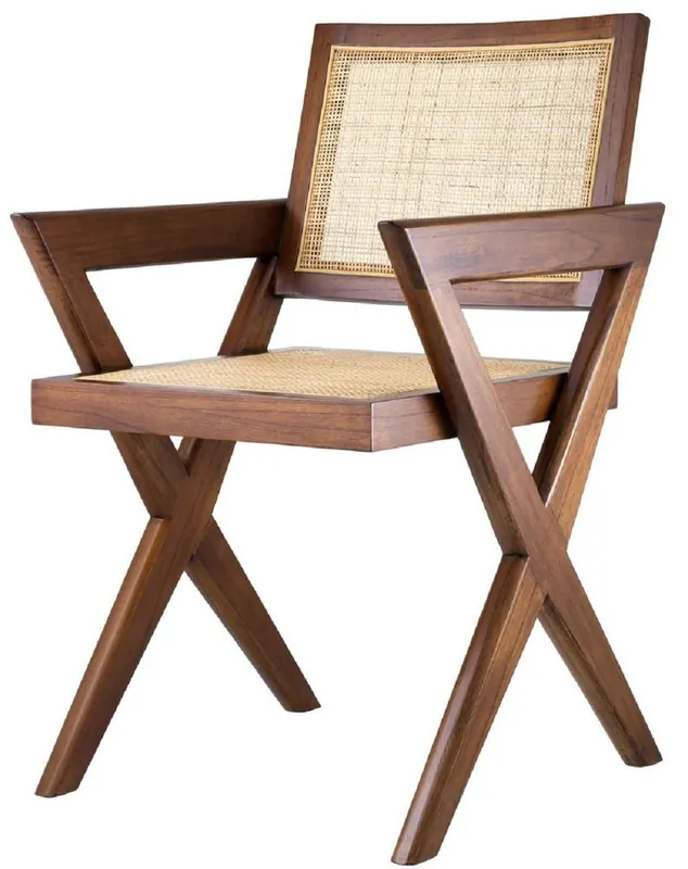 Highlight Casa Padrino luxury dining chair brown / natural 53 x 57 x H. 84.5 cm - Solid wood chair with armrests and hand-woven rattan - Luxury dining room furniture